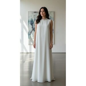 Theia Emery Gown Dress Size 16 Ivory Embellished Collar Hi-Low Beaded 8814156‎